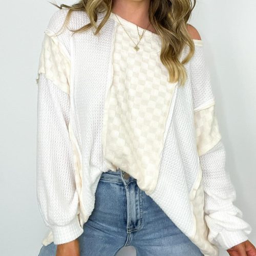 Ivory S Allie Brushed Check Waffle Knit yy