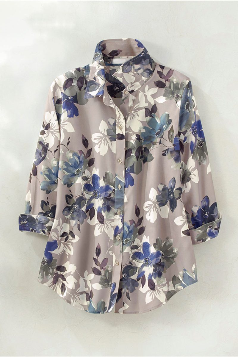 floral mist 3 4 sleeve no iron shirt opal grey multi 0 05453