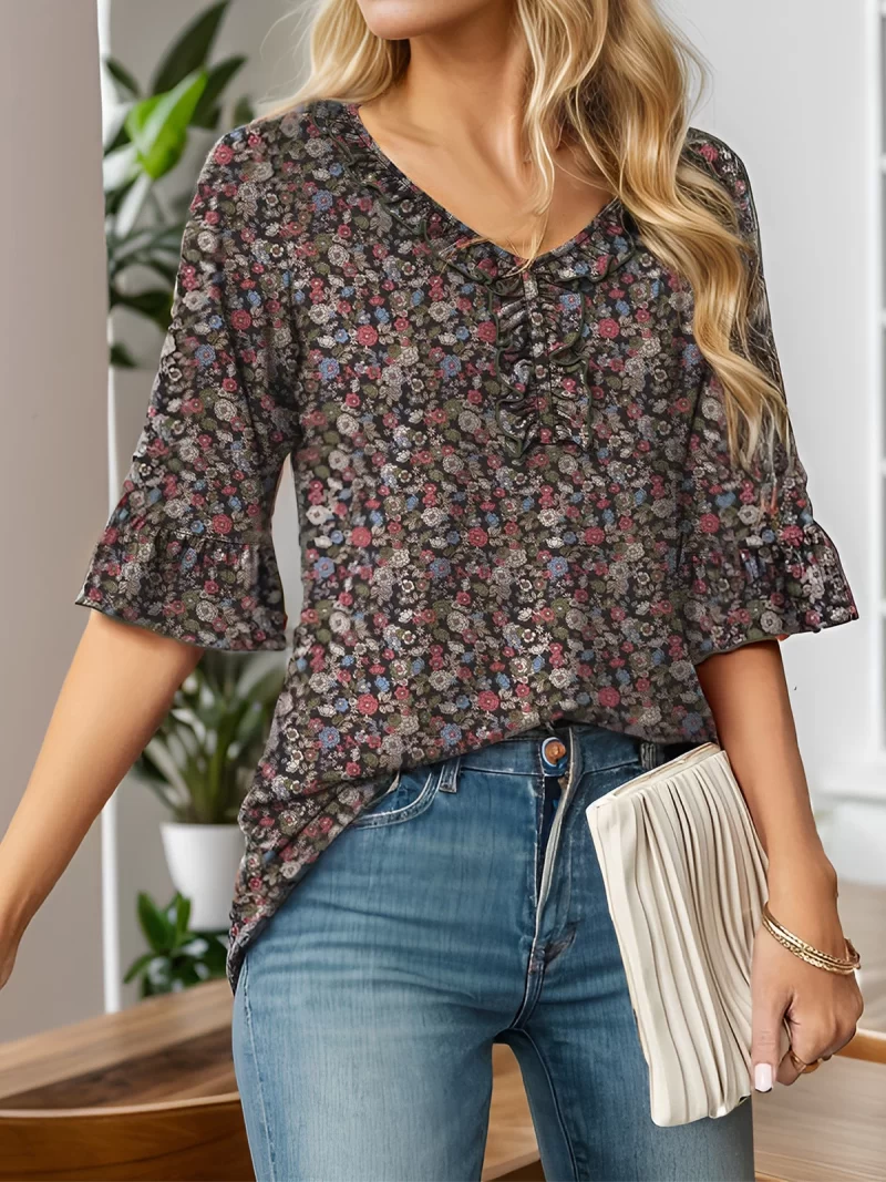 floral wrinkle v neck flare blouse 16612 2