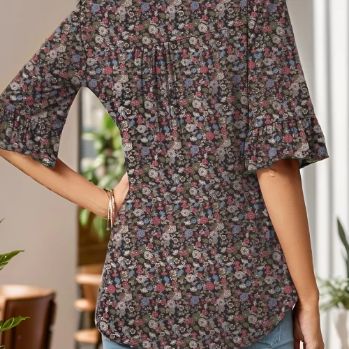 floral wrinkle v neck flare blouse 16612 4